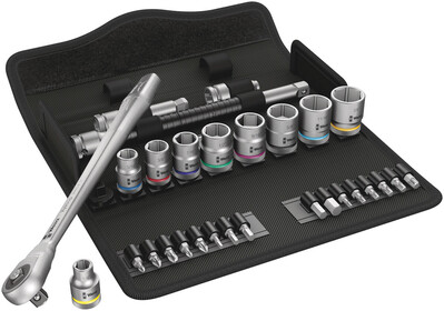 WERA 8100 SB 10 Ráčnová sada Zyklop Metal s priechodným štvorkom, upínacia časť 3/8", palcová, 29-dielna