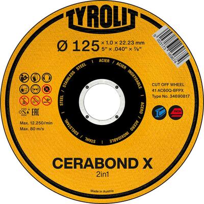 TYROLIT Kotúč Rezacia CERABOND X 125 x 1 mm, rovný oceľ+INOX Tyrolit