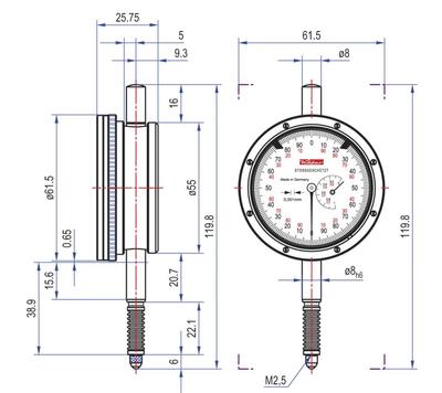 Käfer Odchýlkomer ručičkový 10 / 61,5-0,01mm DIN878 Kafer