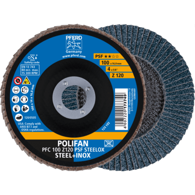 PFERD TOOLS POLIFAN-Disky s plochým okrajom PFC 100 Z 120 PSF STEELOX/16,0