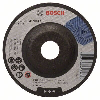 BOSCH Csiszolókorong felülnyomással Standard for Metal A 24 P BF, 115 mm, 22,23 mm, 6,0 mm