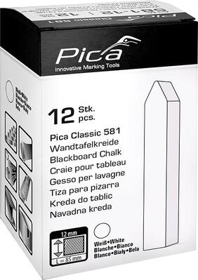 PICA Tafelová krieda Pica-Classic biela 12x12x85mm, hranatá, zaostrená, nepapirovaná v kartóne po 12 ks.