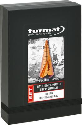 FORMAT Sada vrtákov stupňovitých 3 diel 4 - 12 / 4 - 20 / 6 - 30mm TiN HSS eko Format