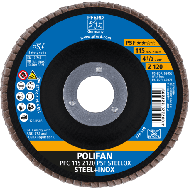 PFERD TOOLS POLIFAN-Disky s plochým okrajom PFC 115 Z 120 PSF STEELOX