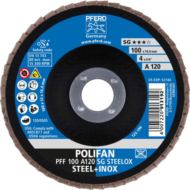 PFERD TOOLS POLIFAN-Disky s plochým okrajom PFF 100 A 120 SG STEELOX/16,0