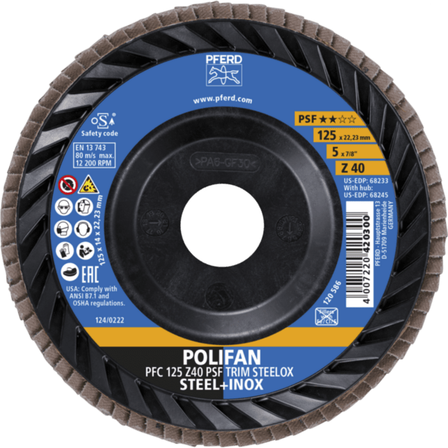 PFERD TOOLS POLIFAN-Disky s plochým okrajom PFC 125 Z 40 PSF TRIM STEELOX