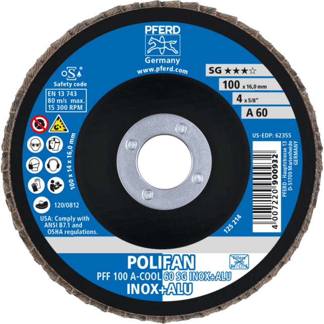 PFERD TOOLS POLIFAN-Disky s plochým okrajom PFF 100 A-COOL 60 SG INOX+ALU/16,0