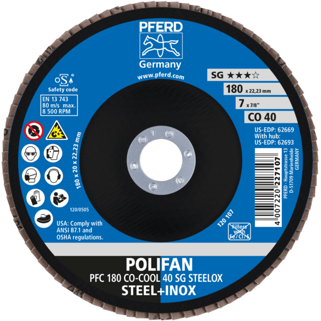 PFERD TOOLS POLIFAN-Disky s plochým okrajom PFC 180 CO-COOL 40 SG STEELOX