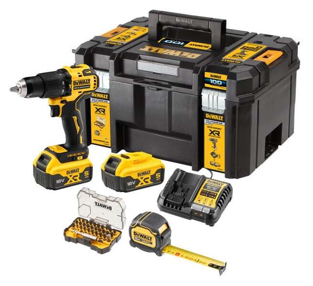 DeWALT Súprava Vŕtačka/Skrutkovač s príklepom 65Nm, 18V XR 2x5,0Ah , meter, sada bitov DCZ100P2KT-QW