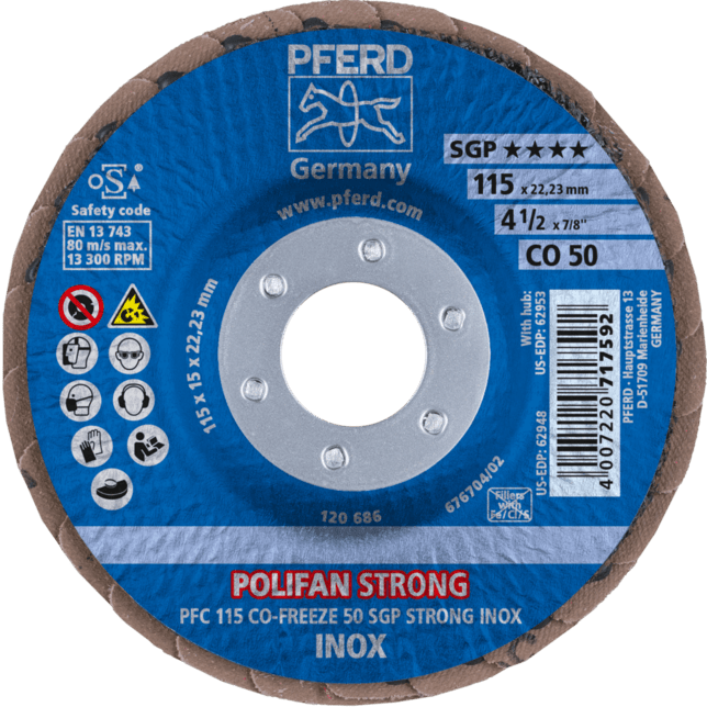 PFERD TOOLS POLIFAN-Disky s plochým okrajom PFC 115 CO-FREEZE 50 SGP STRONG INOX