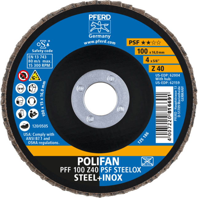 PFERD TOOLS POLIFAN-Disky s plochým okrajom PFF 100 Z 40 PSF STEELOX/16,0