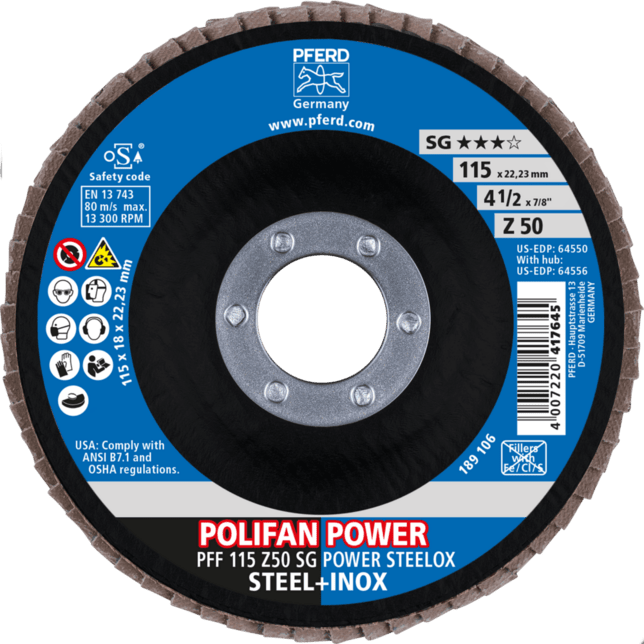 PFERD TOOLS POLIFAN-Disky s plochým okrajom PFF 115 Z50 SG POWER STEELOX