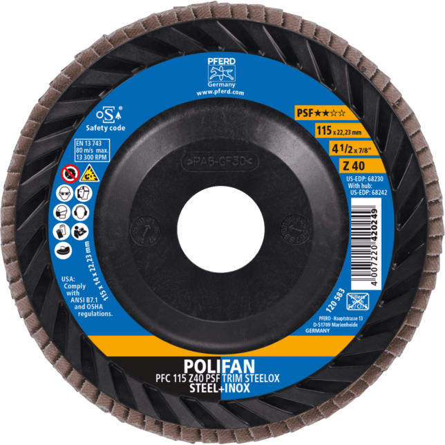 PFERD TOOLS POLIFAN-Disky s plochým okrajom PFC 115 Z 40 PSF TRIM STEELOX