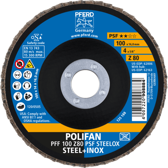 PFERD TOOLS POLIFAN-Disky s plochým okrajom PFF 100 Z 80 PSF STEELOX/16,0