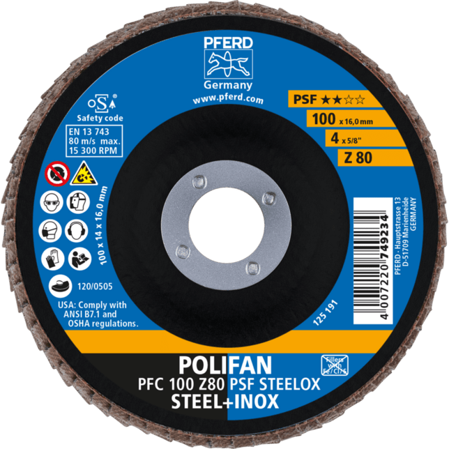 PFERD TOOLS POLIFAN-Disky s plochým okrajom PFC 100 Z 80 PSF STEELOX/16,0