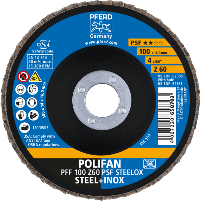 PFERD TOOLS POLIFAN-Disky s plochým okrajom PFF 100 Z 60 PSF STEELOX/16,0