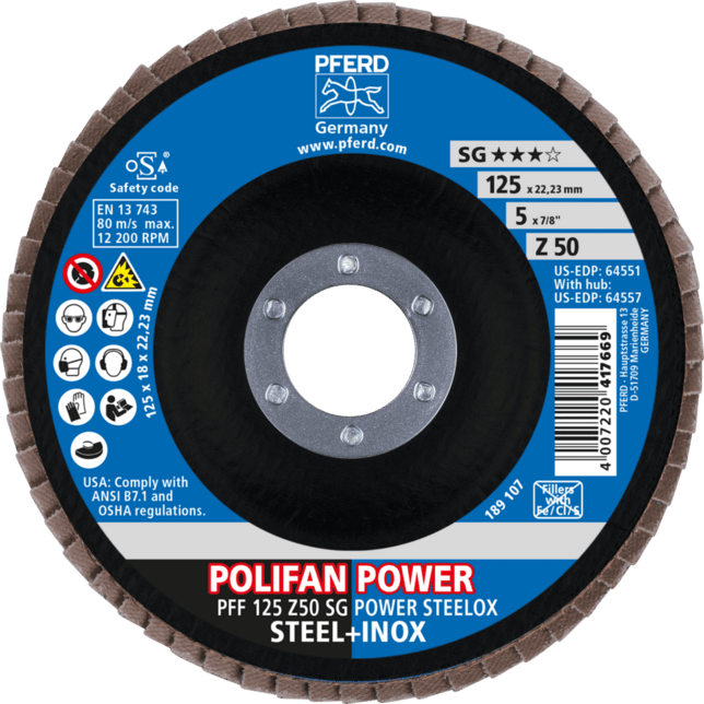 PFERD TOOLS POLIFAN-Disky s plochým okrajom PFF 125 Z50 SG POWER STEELOX
