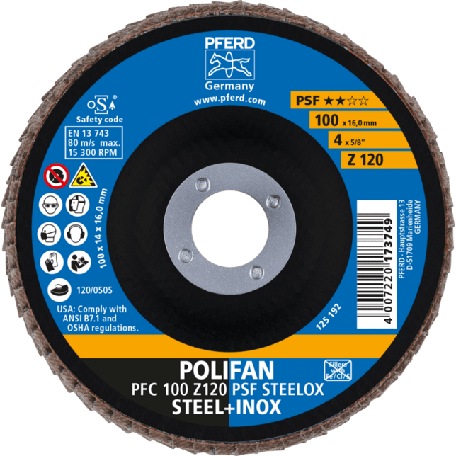 PFERD TOOLS POLIFAN-Disky s plochým okrajom PFC 100 Z 120 PSF STEELOX/16,0