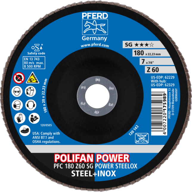 PFERD TOOLS POLIFAN-Disky s plochým okrajom PFC 180 Z 60 SG POWER STEELOX