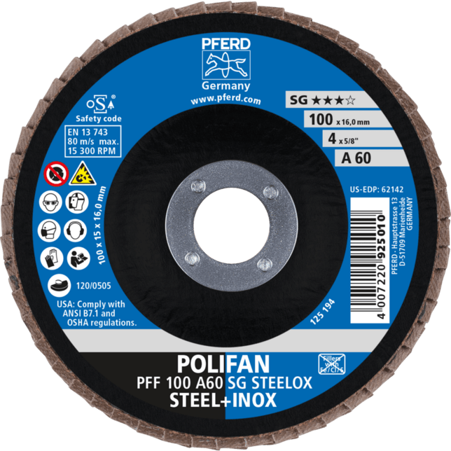 PFERD TOOLS POLIFAN-Disky s plochým okrajom PFF 100 A 60 SG STEELOX/16,0