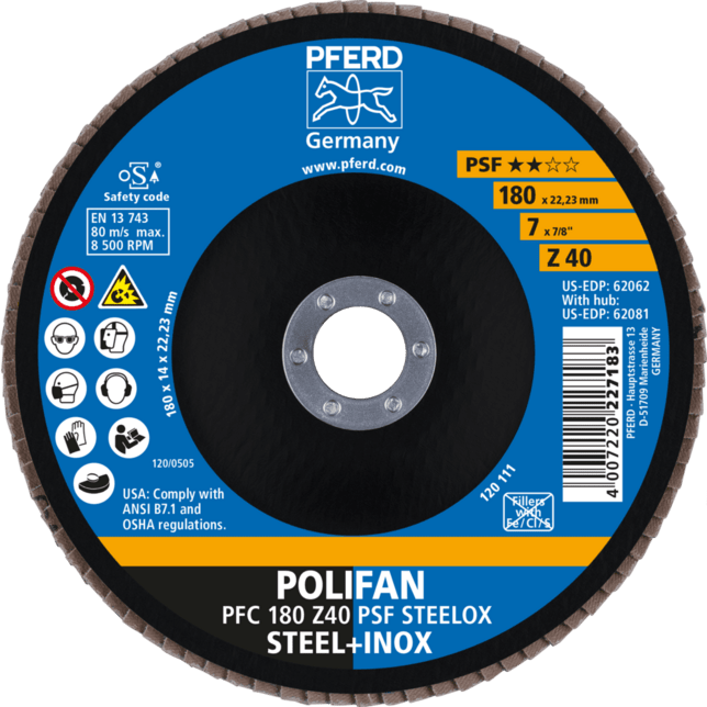 PFERD TOOLS POLIFAN-Disky s plochým okrajom PFC 180 Z 40 PSF STEELOX