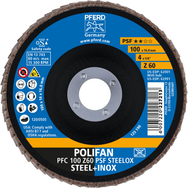 PFERD TOOLS POLIFAN-Disky s plochým okrajom PFC 100 Z 60 PSF STEELOX/16,0