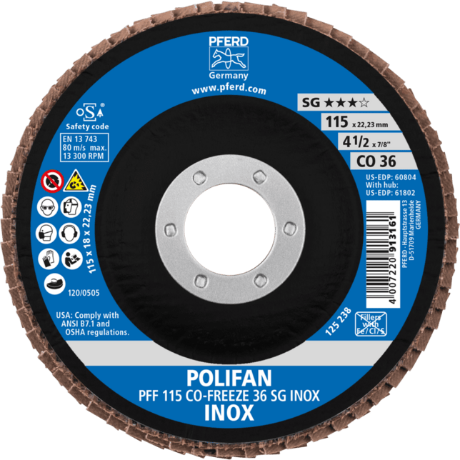 PFERD TOOLS POLIFAN-Disky s plochou PFF 115 CO-FREEZE 36 SG INOX